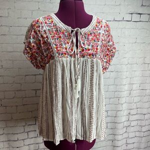 Savanna Jane size small striped blouse with colorful embroidered design